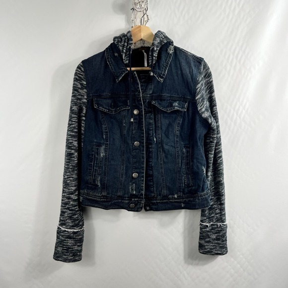 Free People Size M Dark Hooded Knit Denim Jean Jacket - Picture 2 of 15